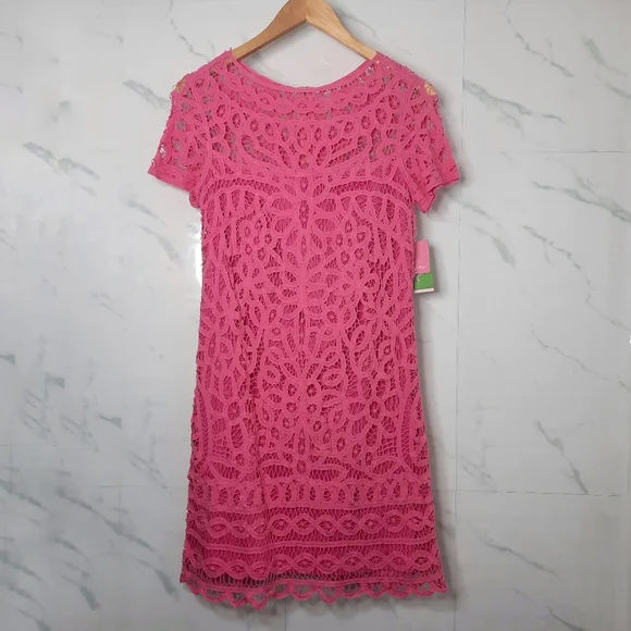 LILLY PULITZER Lace Cotton Dress MarieKate Scalloped Battenberg Pink NEW S - Picture 2 of 10